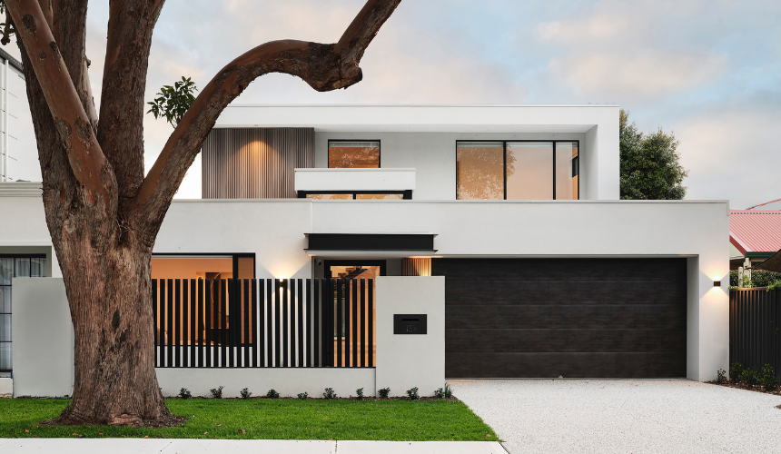 Contemporary custom home in Ardross by Trendsetter Homes, featuring large windows and contrasting exterior materials.